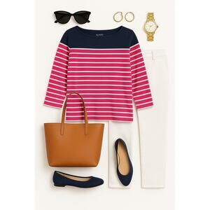 Talbots Cotton Striped Boatneck Top Medium Navy Pink White